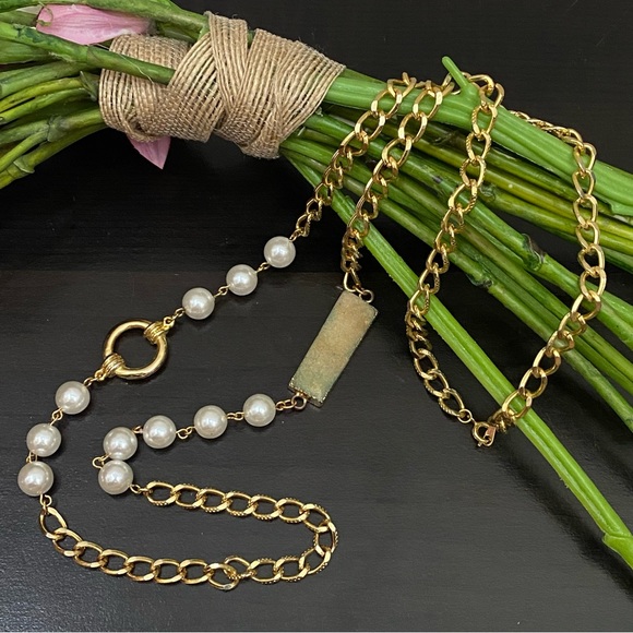 Gold-tone Chain Faux Pearl and Druzzy Crystal 34” Long Necklace - Picture 1 of 12